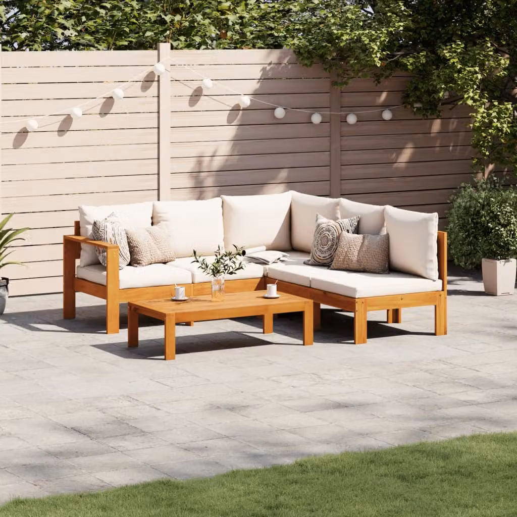 vidaXL Set Divani da Giardino a L 4pz in Legno di Acacia con Cuscini Beige o Bianchi – 1