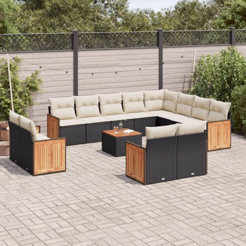 Set di divani da giardino vidaXL 13 pezzi in polyrattan nero con cuscini e tavolino da esterno – 1