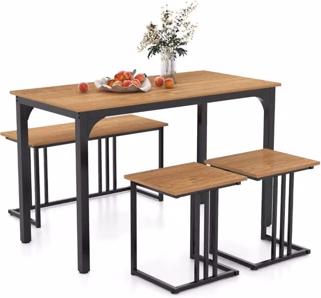 Set da pranzo industriale in legno e metallo composto da tavolo rettangolare, panca e 2 sgabelli, colore marrone