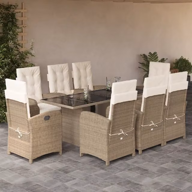 Set da pranzo da giardino vidaXL in polyrattan da 9 pezzi con cuscini beige e piano in vetro – 1