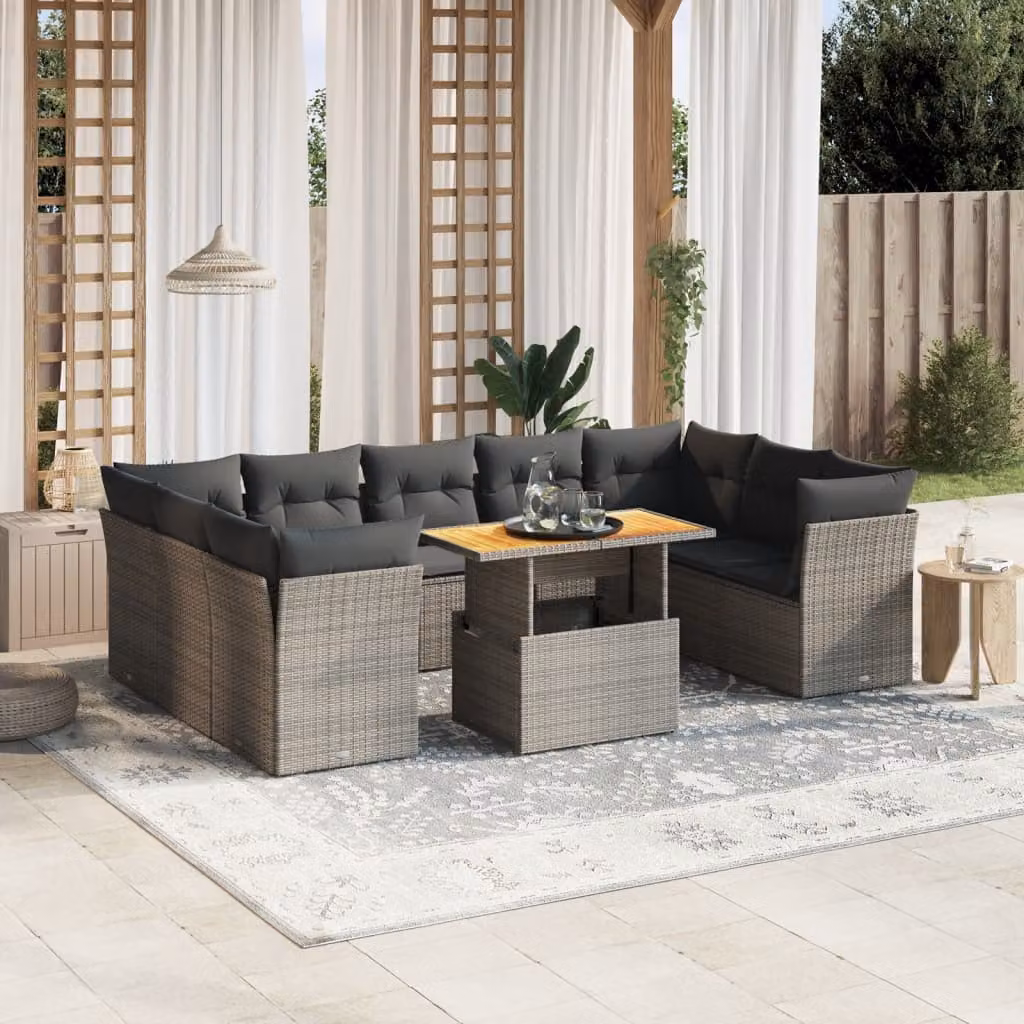 vidaXL Set Divano da Giardino 10 pz in Polyrattan Grigio con Cuscini e Tavolino – 1
