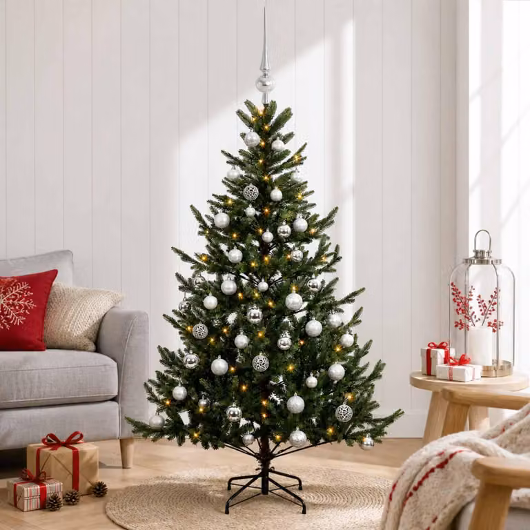 Albero di Natale artificiale con decorazioni natalizie, altezza 150 cm, 150 luci LED