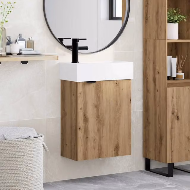 Mobile bagno moderno sospeso vidaXL in legno rovere e ceramica, bianco e marrone, L: 84,0 cm, P: 45,5 cm, H: 22,5 cm