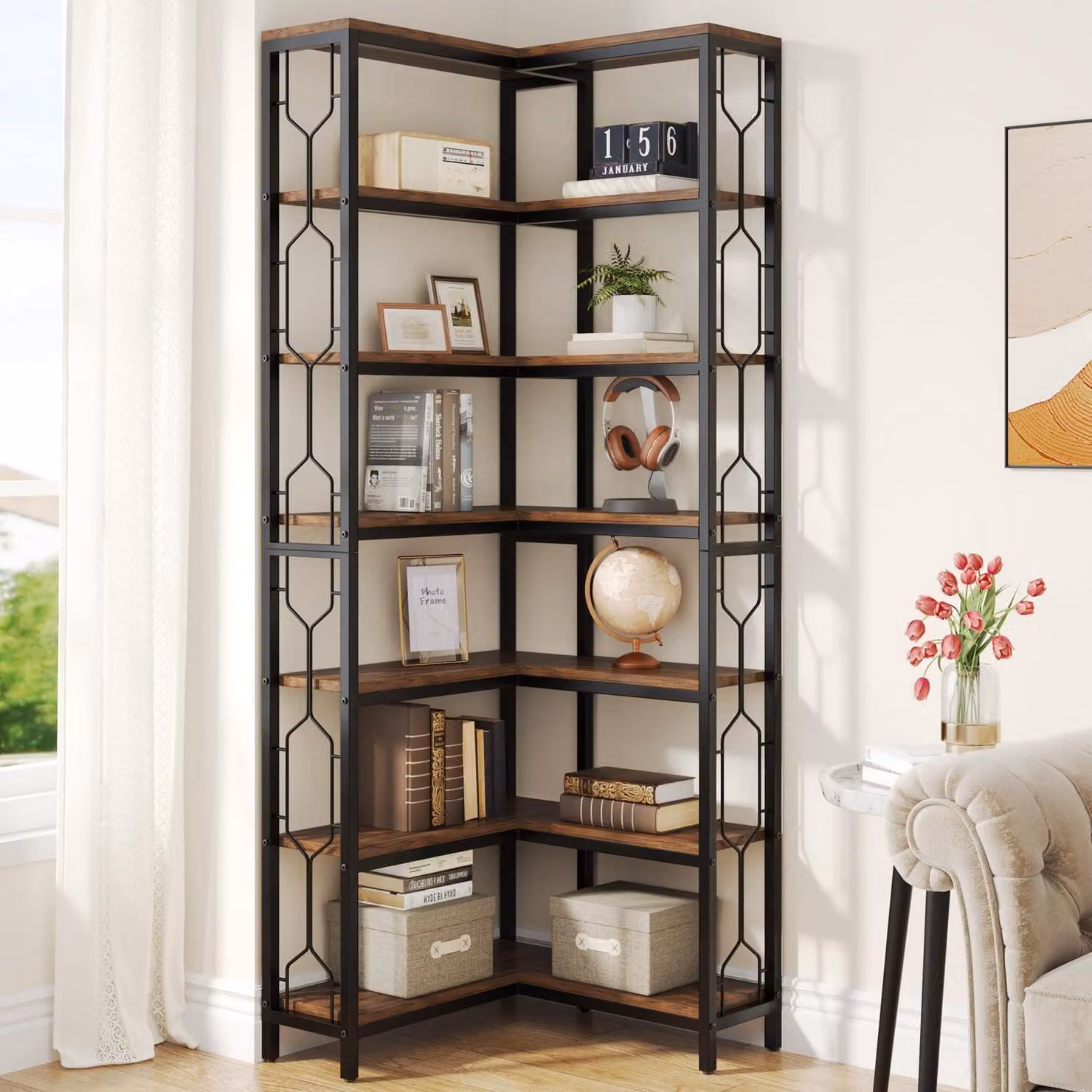 Scaffale a 7 ripiani, struttura in legno e metallo, stile rustico, colore marrone