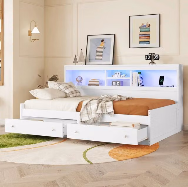Divano letto 90x200 cm con LED e USB; prese e 2 cassetti truciolare bianco (Senza materasso)