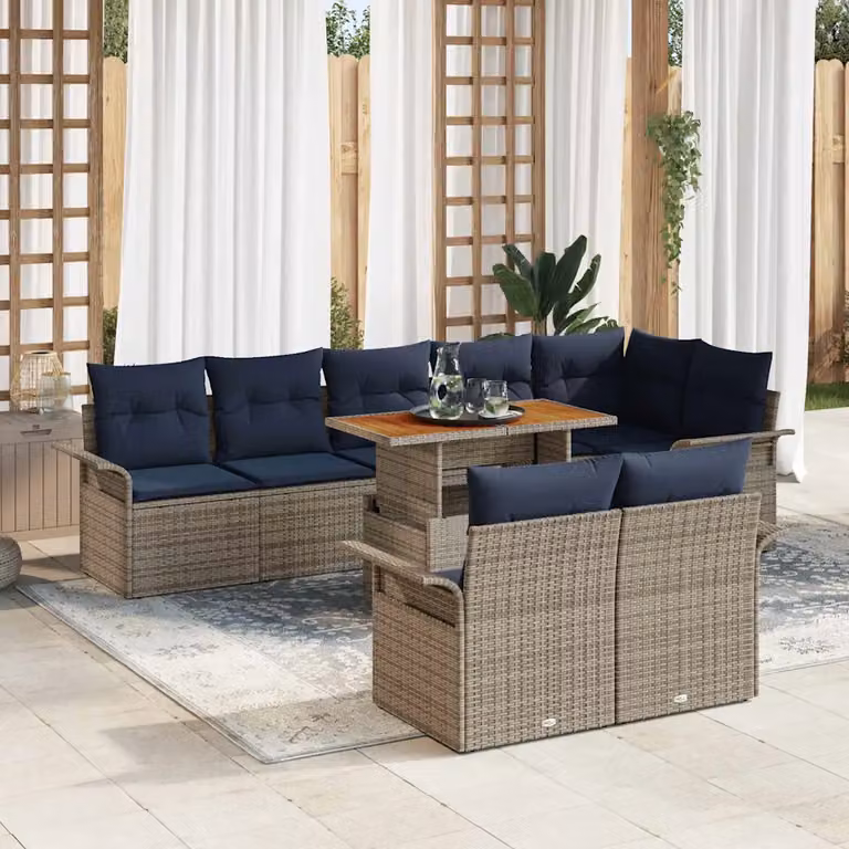 Set Divano da Giardino vidaXL 9 pz in Polyrattan con Forma a L, Colore Grigio e Blu Navy