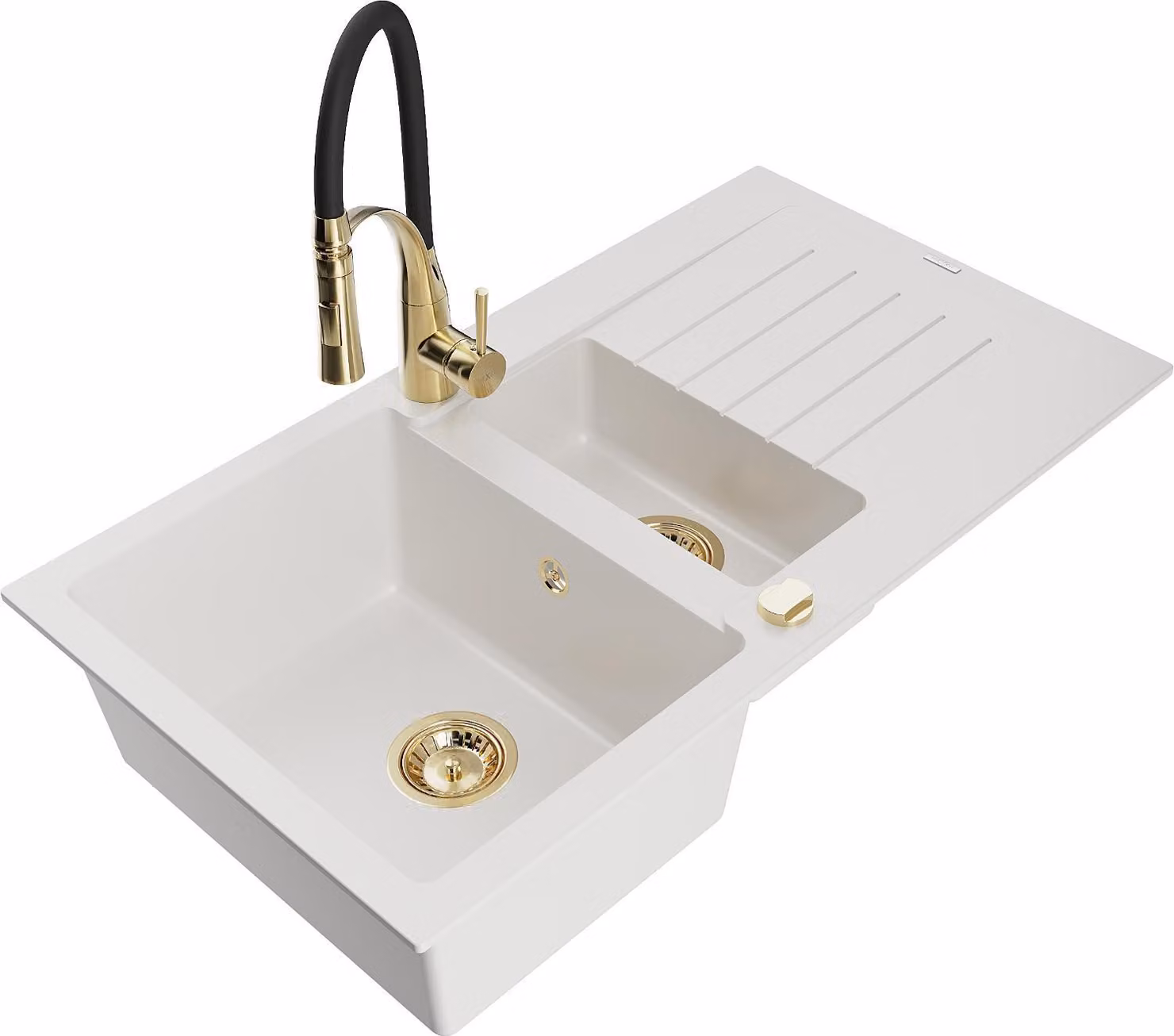 Mexen Matias lavello in granito 1,5 vasche con sgocciolatoio e rubinetto da cucina Aster, bianco - 6502-20-73450-57-G