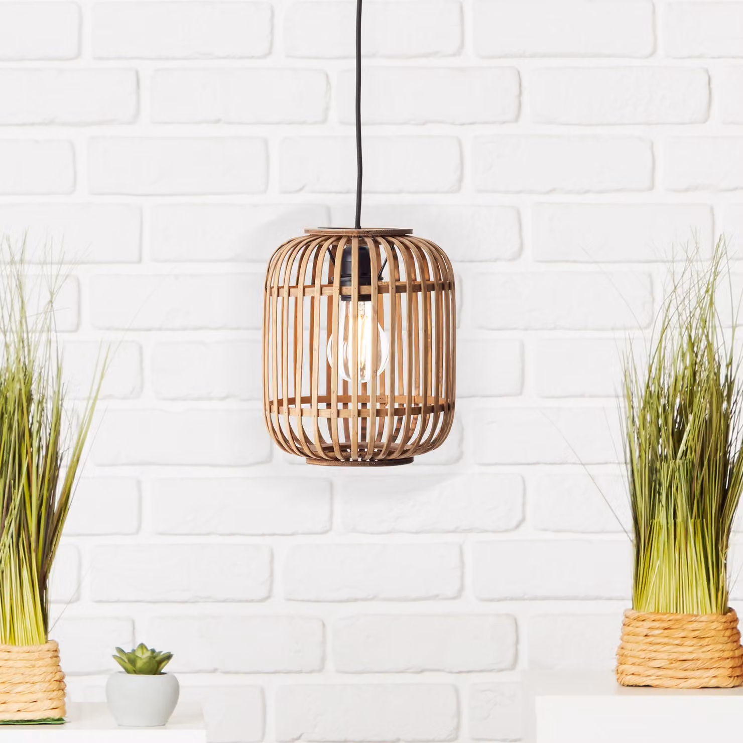 BRILLIANT Woodrow lampada a sospensione | plafoniera decorativa in materiale naturale | 130 cm | nero marrone chiaro | metallo bambù | 1x E27 max. 60 W | IP20