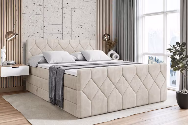 Letto boxspring ALTDECOR con pediera, 2 materassi e topper - 140x200 cm - CATOR-Z KING - Velluto crema - Letto imbottito con materassi H3 e H4, contenitore e rete a doghe, letto con spazio di stivaggio