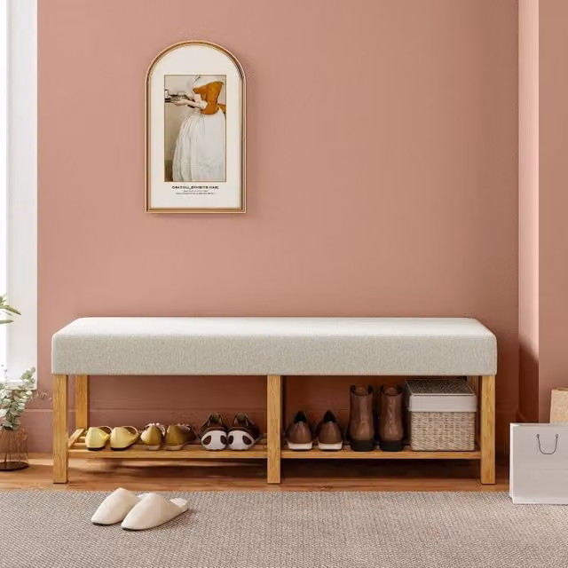 Panca portascarpe REDOM in legno di caucciù stile scandinavo, colore bianco e beige, L: 140 cm, P: 44 cm, H: 48 cm
