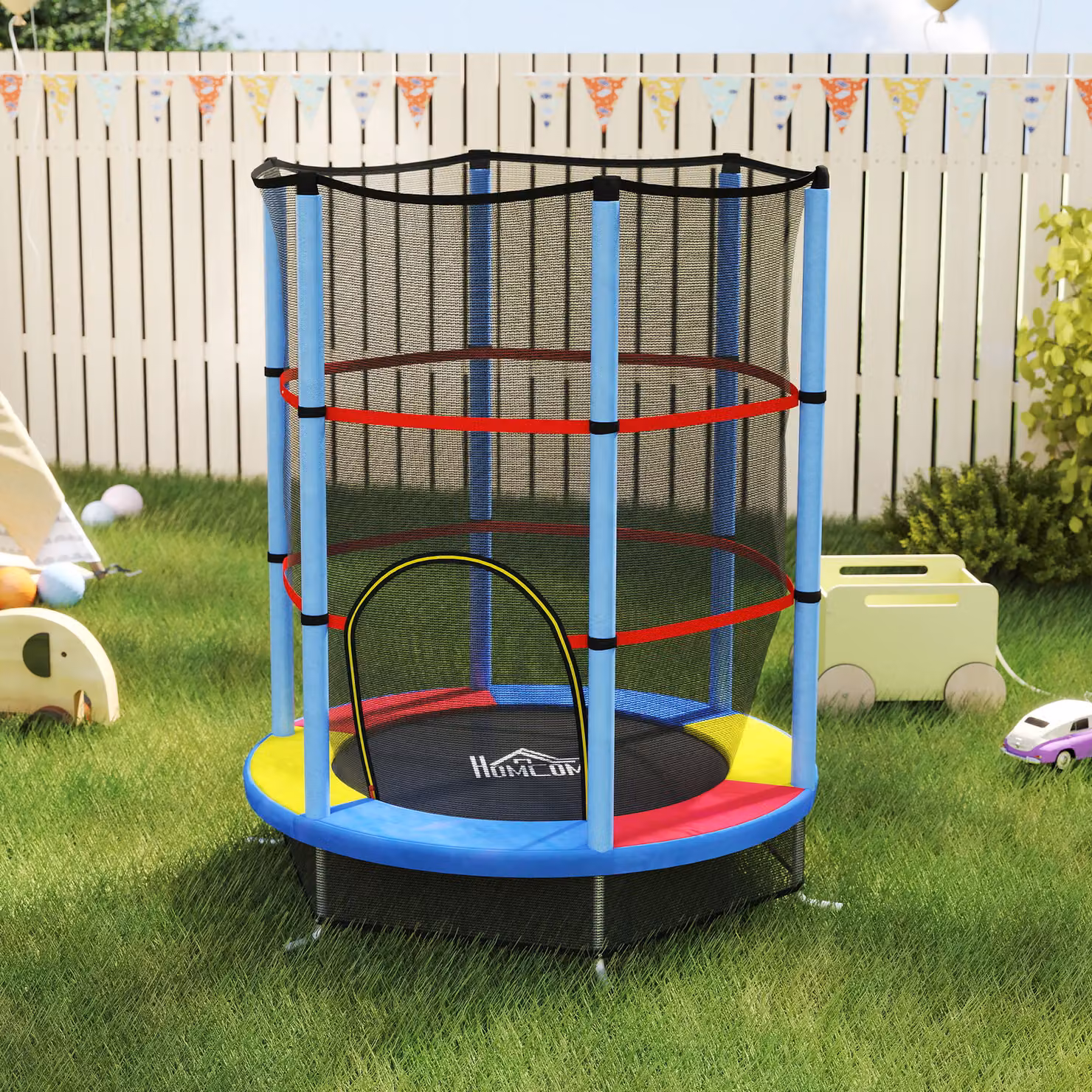 HOMCOM Tappeto Elastico per Bambini Multicolore con Rete di Protezione, 6 Colonne e 3 Ingressi, L: 190 cm, P: 140 cm – 2