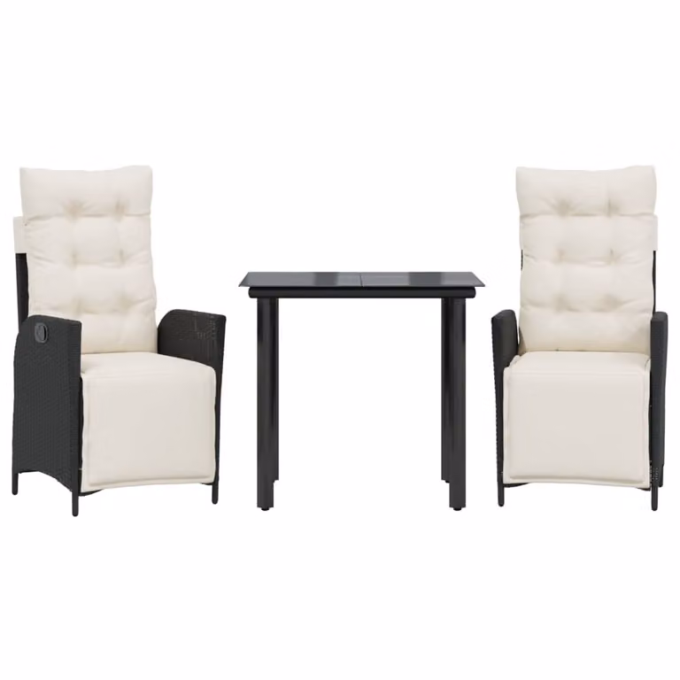 Set da Pranzo da Giardino 3 pz con Cuscini Nero in Polyrattan
