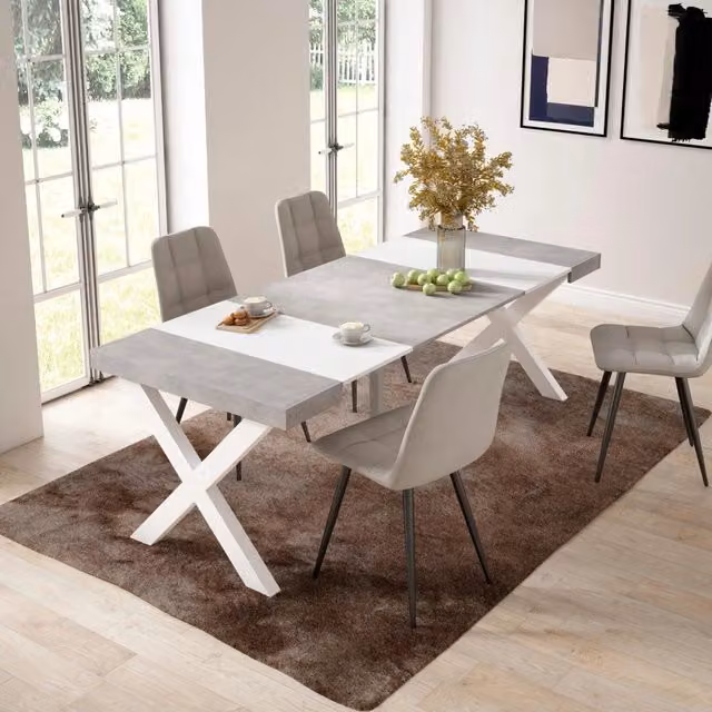 Consolle allungabile, 58 fino 222x90x73cm, Per 10 persone, Gambe in legno, Bianco e grigio cemento RF2795