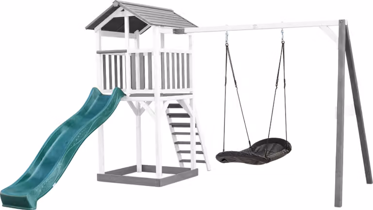 AXI Beach Tower parco giochi in legno in grigio e bianco | Torre di gioco per bambini con sabbiera, altalena a nido e scivolo verde | Casa per bambini su palafitte per il giardino