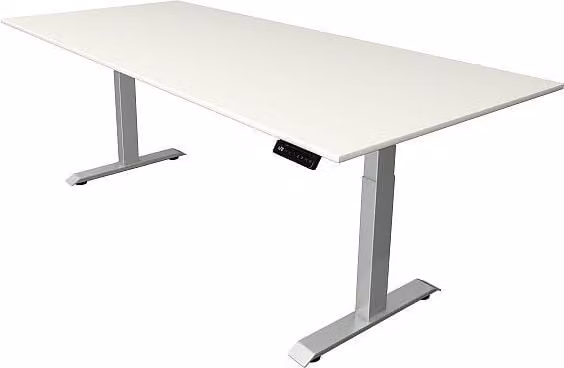 Scrivania Kerkmann Move 4 regolabile in altezza elettricamente, bianca, rettangolare, con base a T argento, 225,0 x 100,0 cm