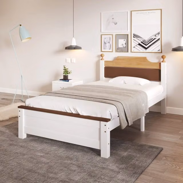 Letto singolo OKWISH in pino e MDF con testiera e doghe in legno, bianco e marrone, L/P/H: 90 x 200 x 210 cm