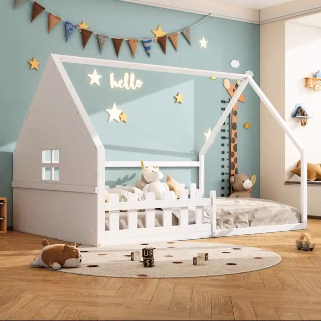 Letto a casetta Mivray per bambini in legno di pino e MDF bianco L/P: 140 x 200 cm