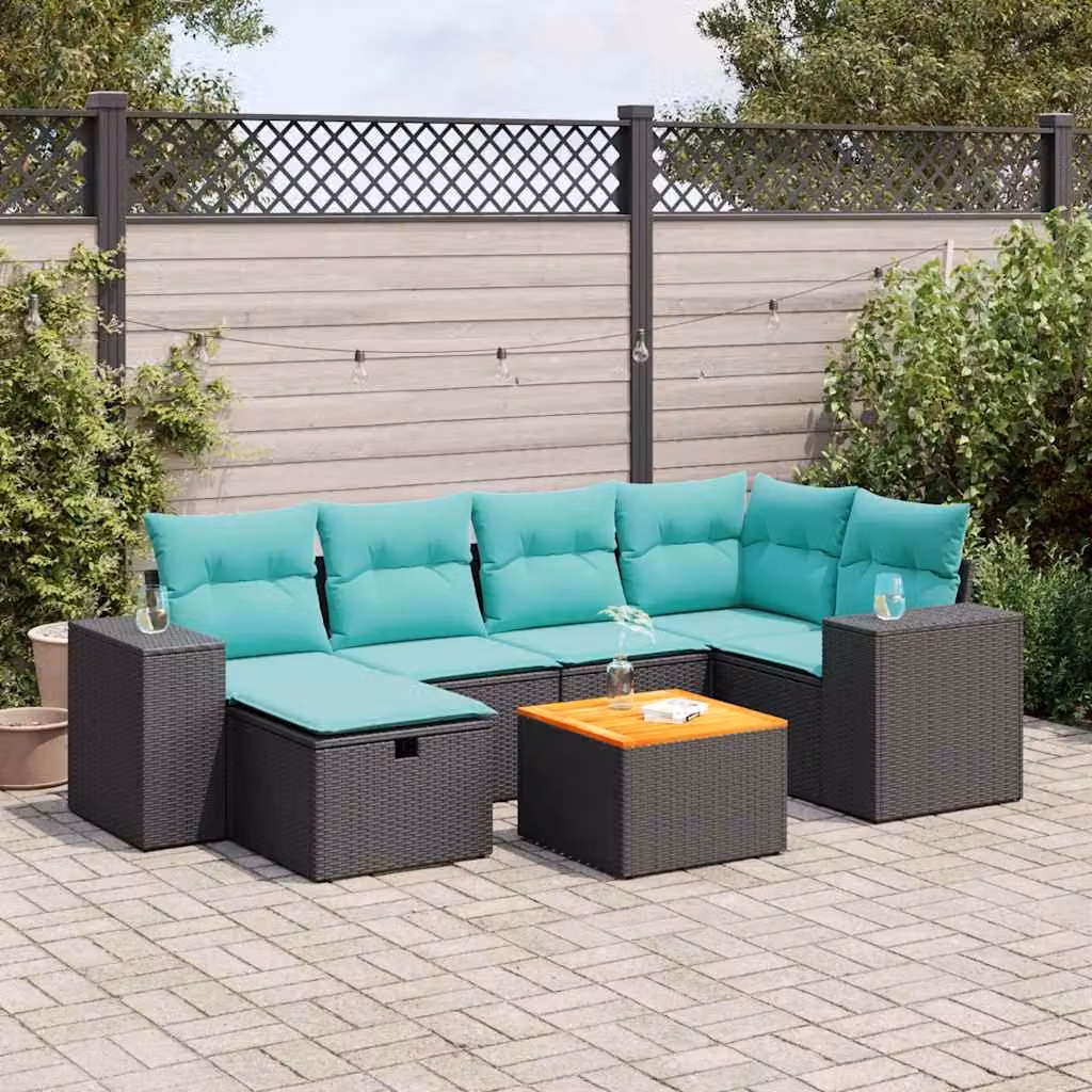 Set Divano da Giardino a L vidaXL con 7 Pezzi, Polyrattan e Cuscini Imbottiti, Colore Nero e Marrone