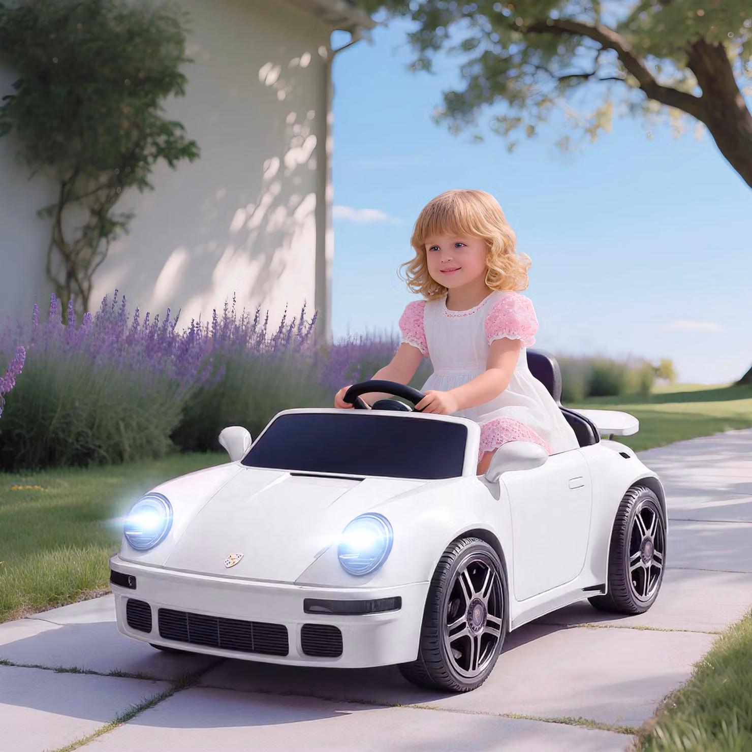 AIYAPLAY Auto elettrica per bambini 12V con telecomando 2,4G, fari, musica e clacson, bianco, L: 103 cm, P: 55 cm, H: 44 cm – 2