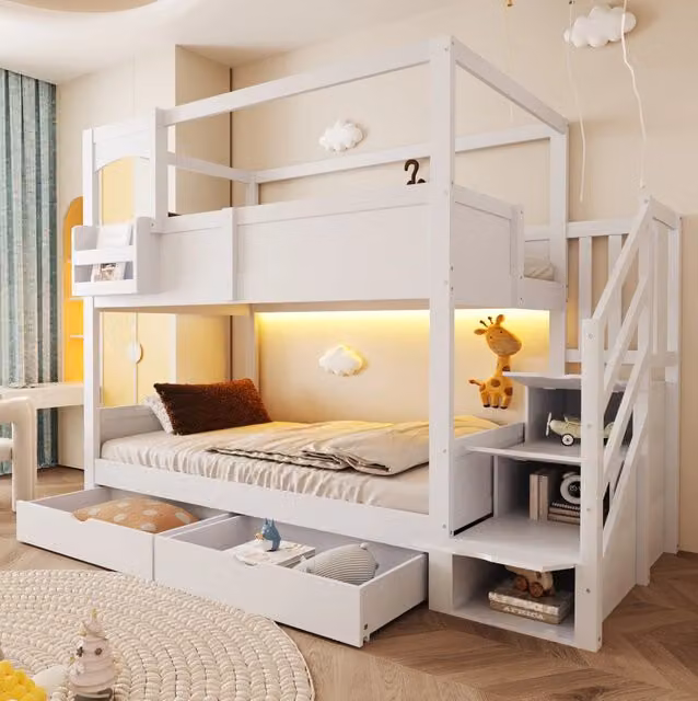 Letto a Castello per Bambini 90x200 cm Bianco con Scala Contenitore e Cassetti