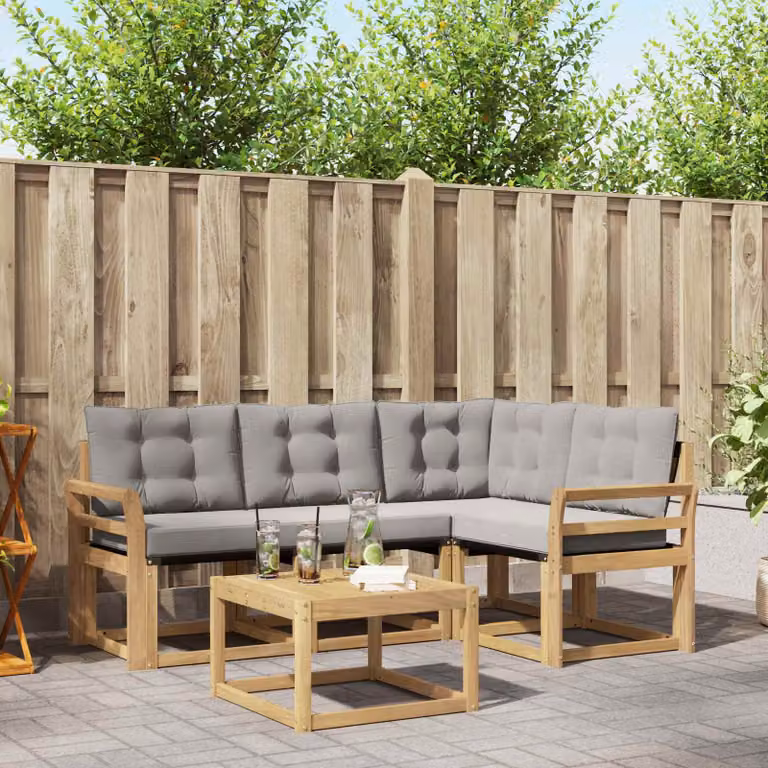 Set di divani da esterno vidaXL a forma di L con tavolo da caffè, struttura in legno di acacia trattato e sedute in textilene, colore bianco, grigio e marrone
