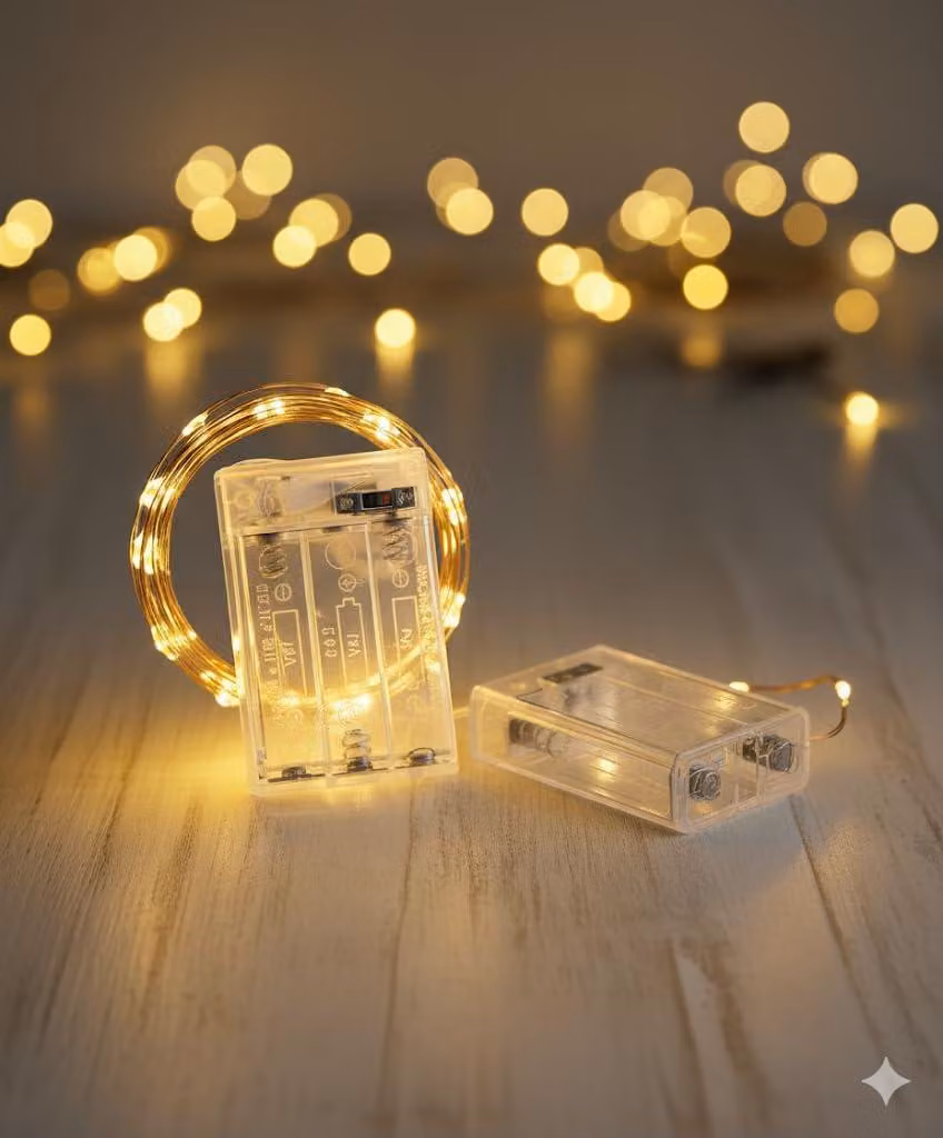 Catena luminosa a LED, 5 metri, 50 LED bianco caldo, filo di rame, alimentazione a batteria