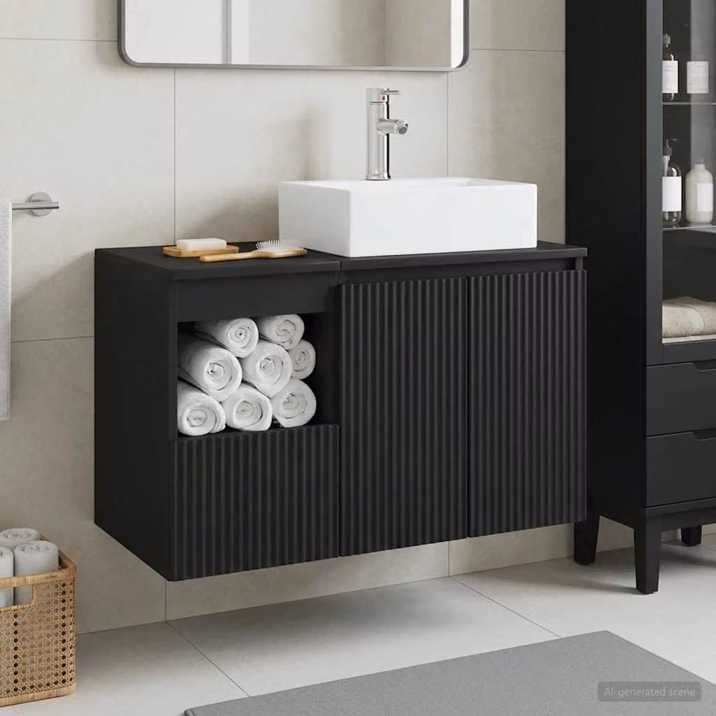 Set di mobili per il bagno vidaXL composto da mobile lavabo e mobile contenitore in MDF nero e argento, design minimalista a parete