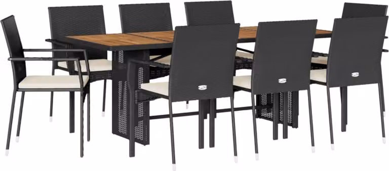 Set da Pranzo da Giardino 9 pz con Cuscini Nero in Polyrattan