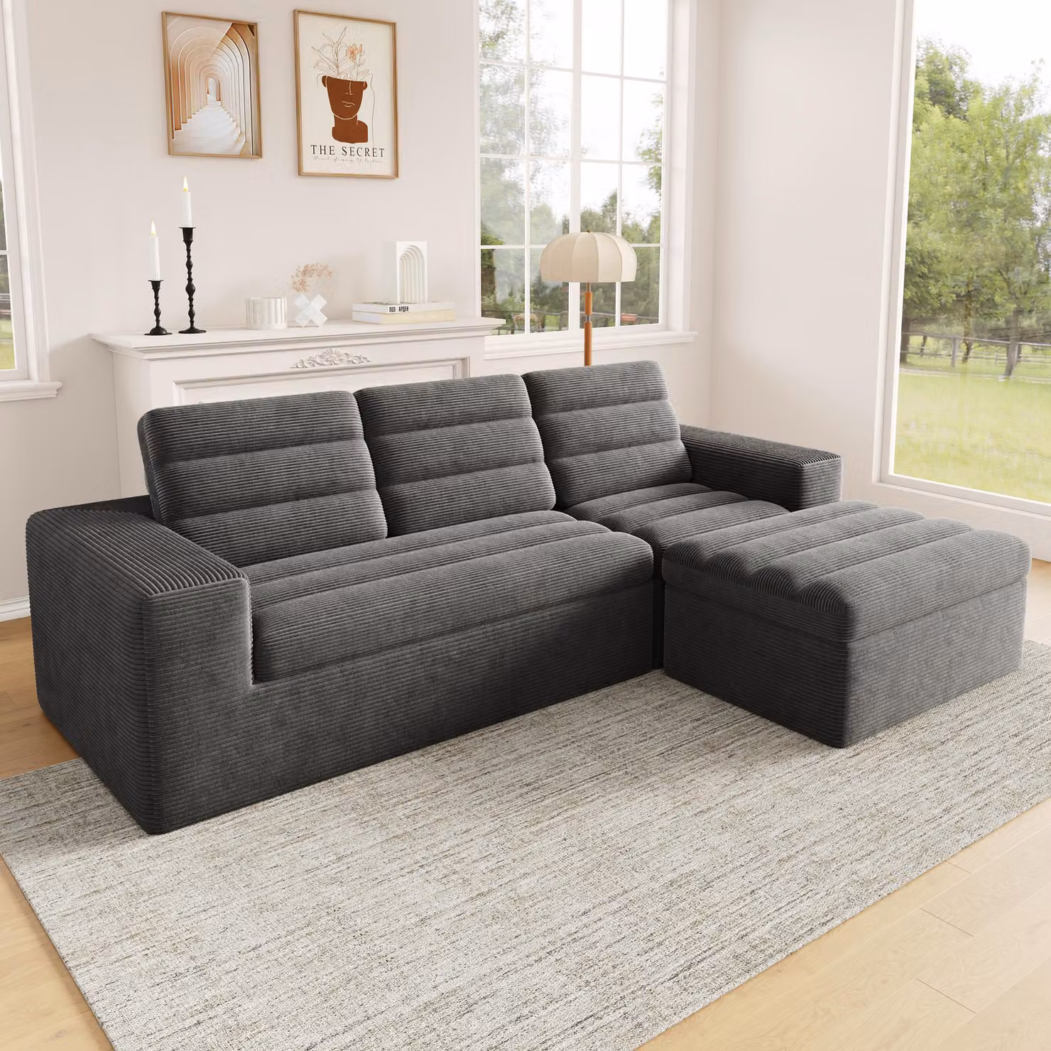 Divano ad L MODFU, set da salotto con divano a tre posti e pouf, divano modulare senza telaio, tessuto cord, grigio scuro