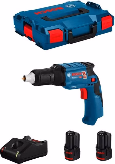 Avvitatore per cartongesso Bosch GTB 12V-11 blu con 2 batterie da 3,0 Ah, caricabatterie GAL12V-40 e L-Boxx 102 – 1