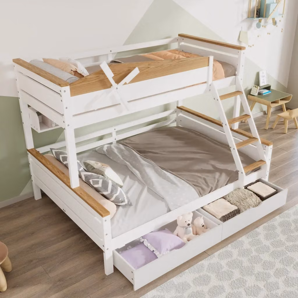 Letto a castello Chicfurn in legno massiccio bianco con scala a 4 gradini, ripiani e 2 cassetti, dimensioni L/P/H: 205 x 120 x 155 cm – 2