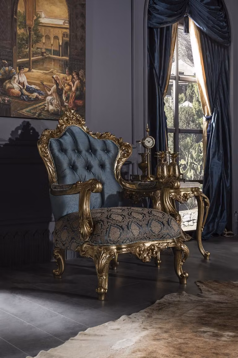 Sessel Blau Elegantes Wohnzimmer Polster Stoff Design Klassische Luxus Schön