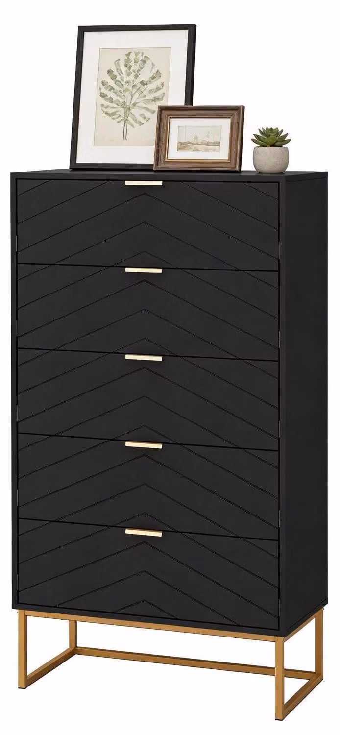 Comodino con 5 cassetti, struttura in legno, piedi in metallo, dimensioni 60x34x110 cm, colore nero