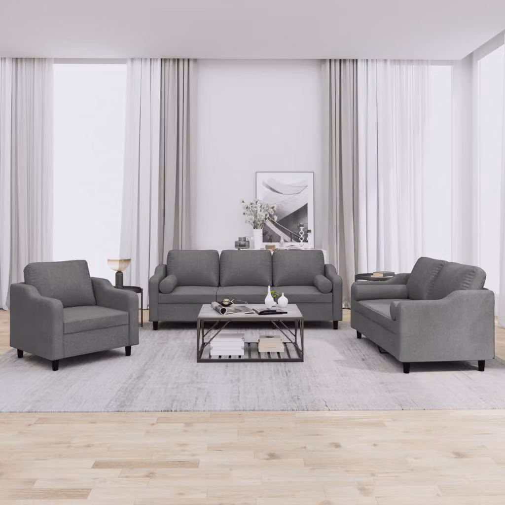 Set di divani vidaXL da 3 pezzi in tessuto grigio con cuscini per soggiorno moderno – 1
