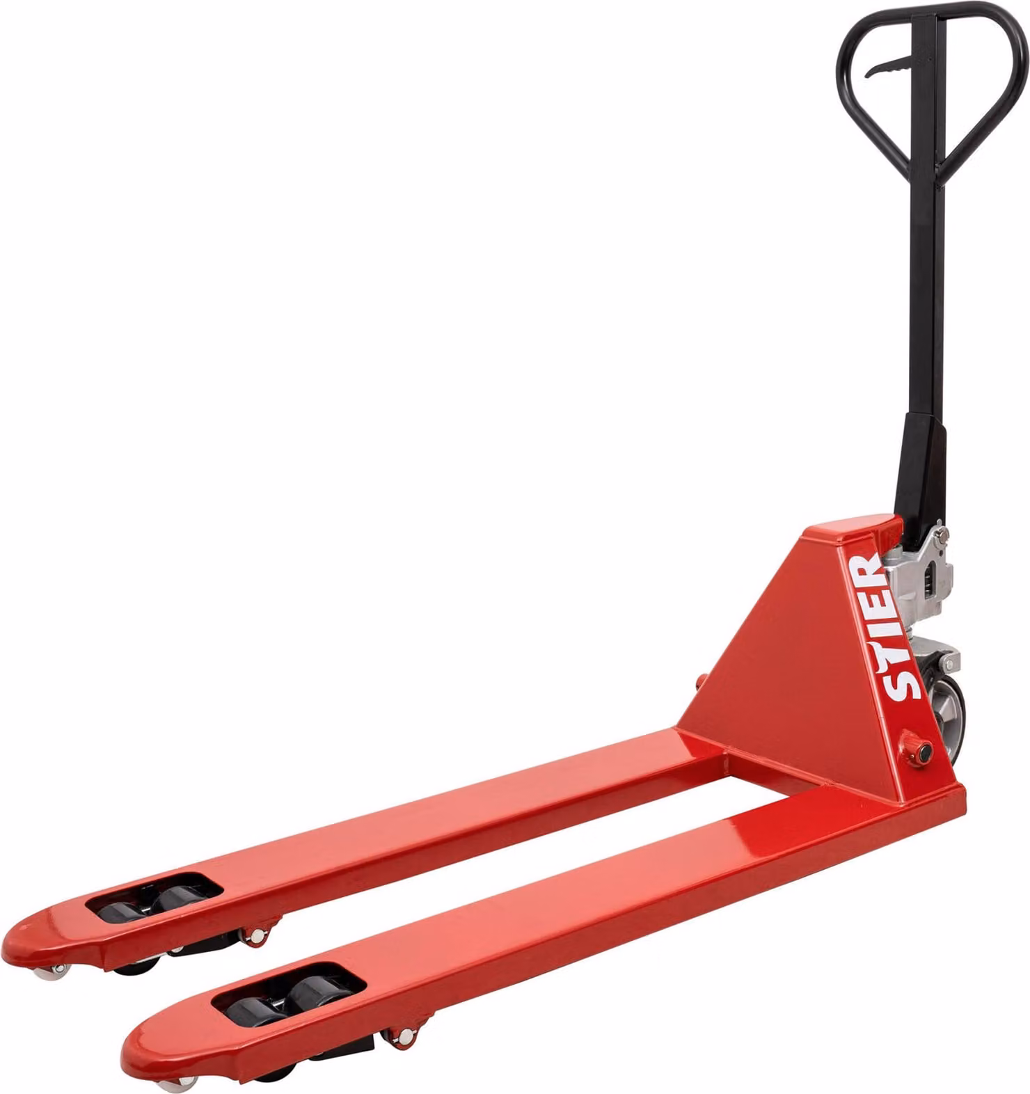 Transpallet STIER, transpallet con portata 2500 kg, lunghezza forche 1150 mm, ruote in gomma, rosso, transpallet, transpallet manuale, angolo di sterzata di 210°, impianto idraulico manuale esente da manutenzione