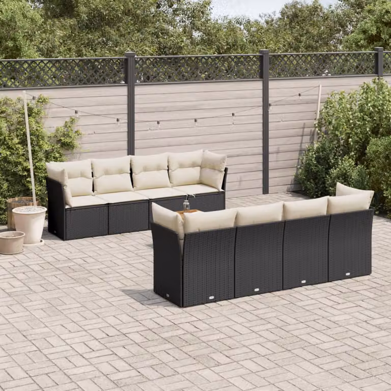 vidaXL Set Divani da Giardino 9 pz in Polyrattan con Cuscini e Tavolino da Esterno a Forma di L Nero