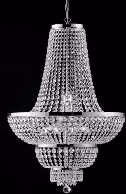 Lampadario imperiale Bonetti Illumina in ferro e ottone cromato con cristalli e dieci luci L: 65 cm, H: 95 cm