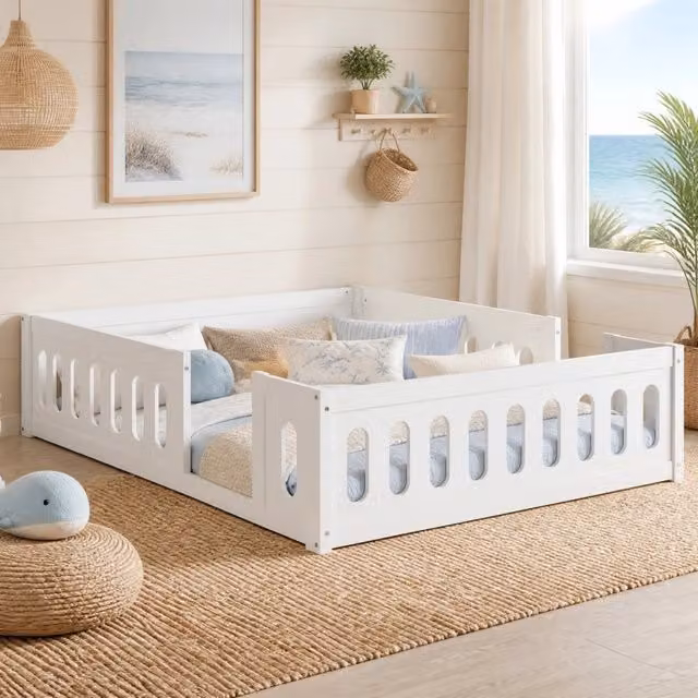 Letto a piattaforma MODFU in legno di pino e MDF bianco per cameretta dei bambini L/P: 140 x 200 cm