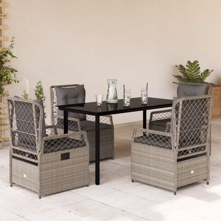 Set Pranzo da Giardino vidaXL in Polyrattan con Piano in Vetro e 5 Cuscini, Grigio e Nero