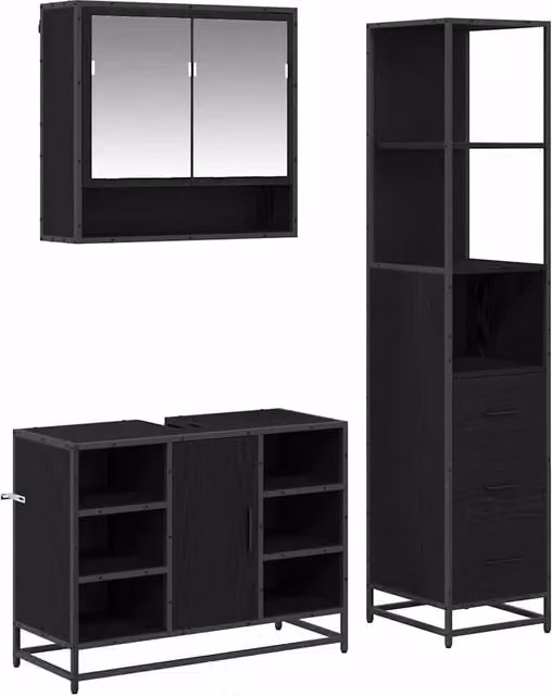 Set di mobili per il Bagno | Armadio da bagno 3 pz Rovere Nero Legno multistrato