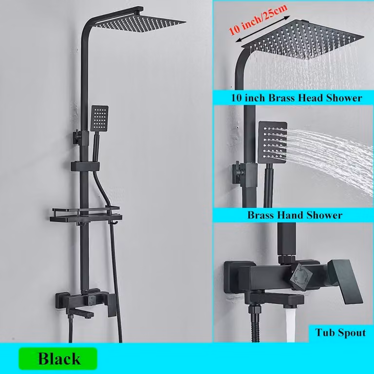 Set doccia a pioggia - Sistema doccia a parete - Soffione da 25 cm - Con ripiano - Binario regolabile in altezza - Deviatore a tre vie - Miscelatore monocomando - Nero
