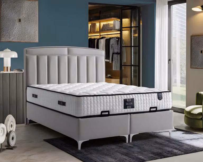 Modernes graues Bett mit Matratze aus Textil und Holz