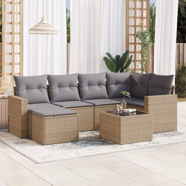 Set di divani da giardino vidaXL 7 pz con cuscini beige e tavolo in vetro, design moderno a L con struttura in metallo e rattan per esterno