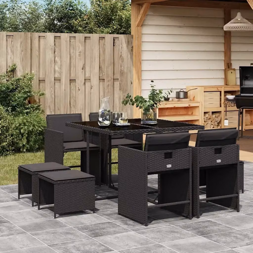Set da Pranzo da Giardino 9 pz in Polyrattan Nero con Piano in Vetro e Cuscini – 2