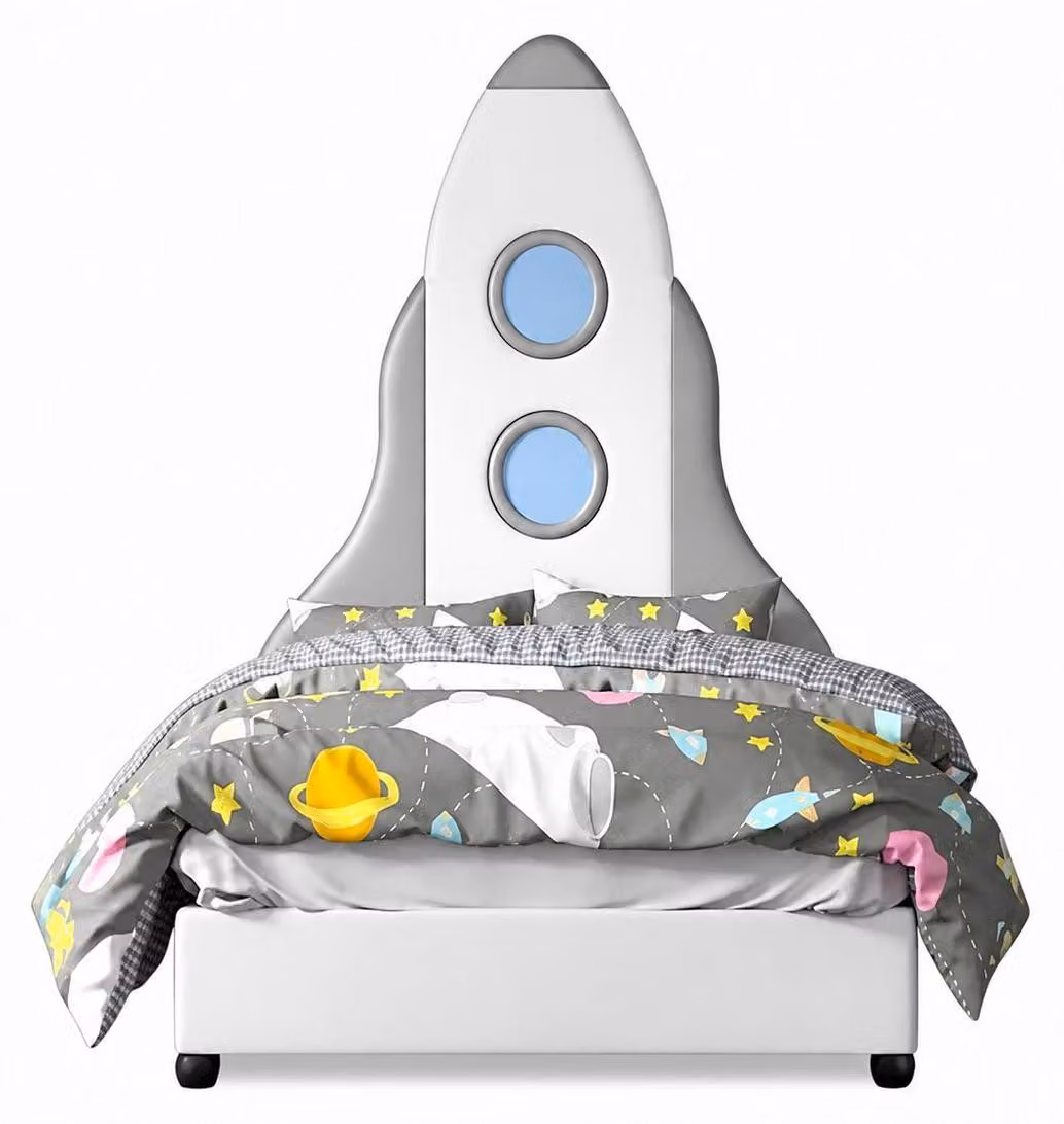 Letto per bambini grigio, modello razzo, in pelle, design moderno, mobili per bambini