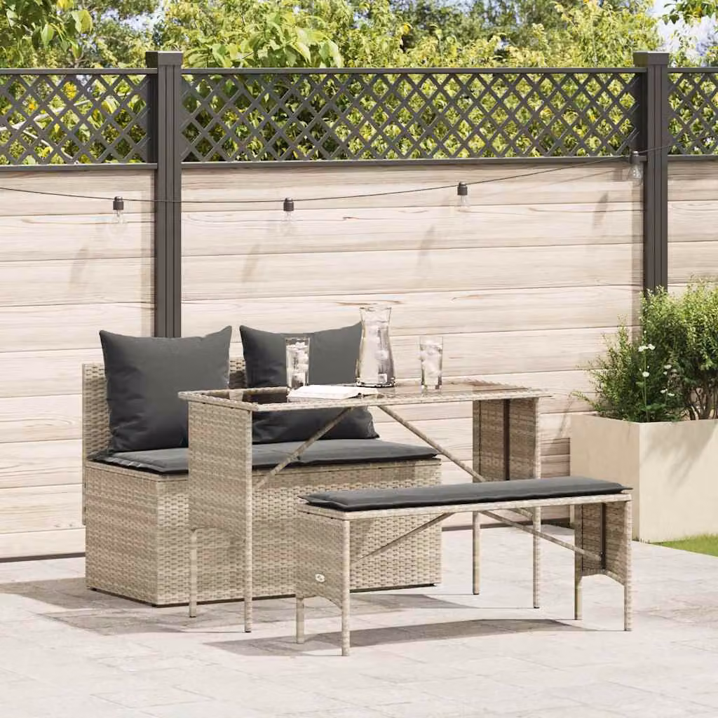 Set Pranzo da Giardino vidaXL in Polyrattan e Vetro Grigio con 3 Cuscini