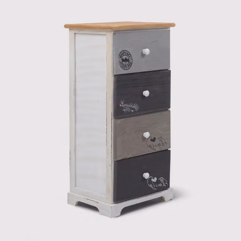 Cladonia - Cassettiera in stile shabby con 4 cassetti decorati