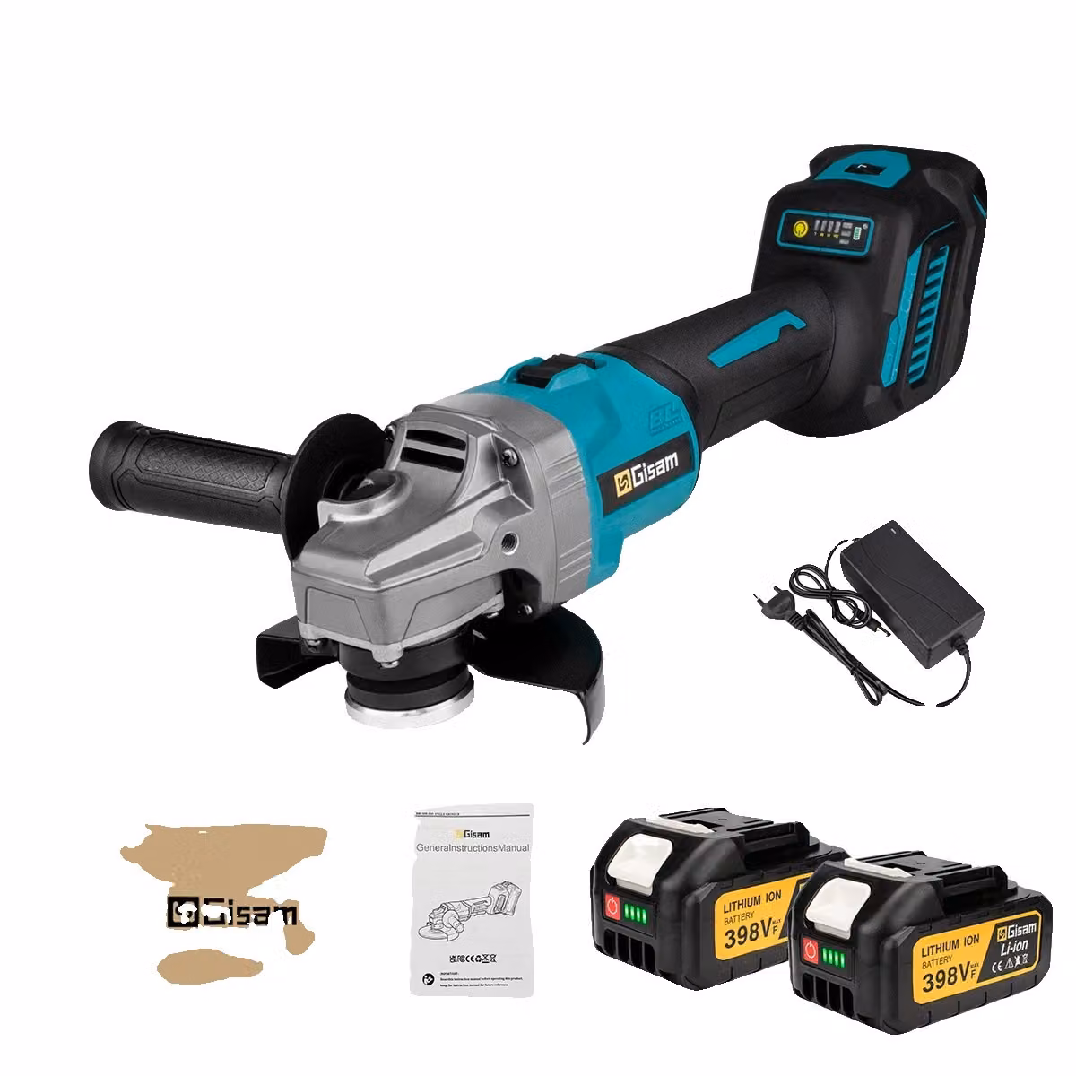 Smerigliatrice angolare, disco da 125 mm, 7 velocità variabili, 2 batterie