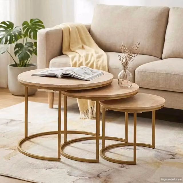Set di 3 tavolini da caffè nido vidaXL in legno di mango e metallo, marrone, L/P/H: 60 x 60 x 45 cm