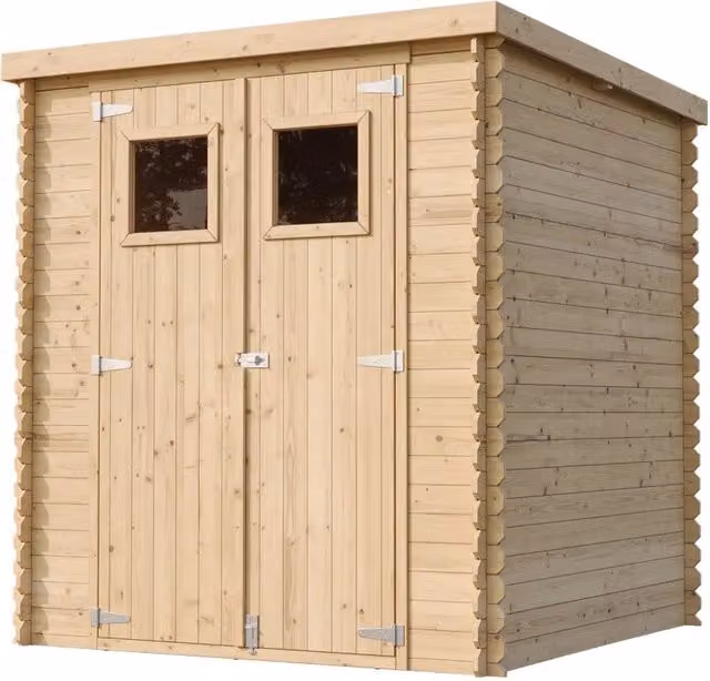 Casetta da giardino in legno Timbela M309 per esterni, stile rustico, colori grigio e beige, L: 200 cm, P: 204 cm, H: 204 cm